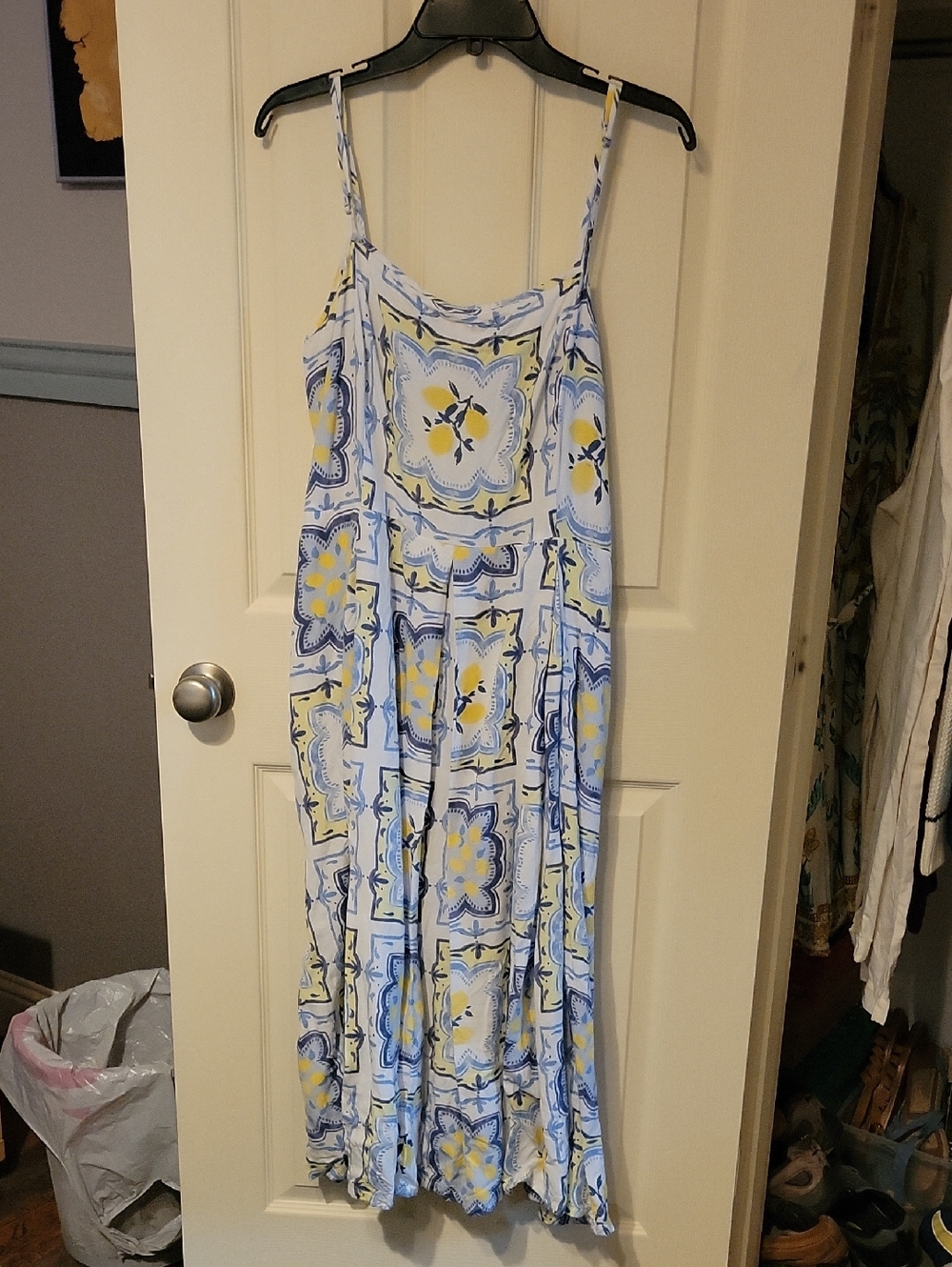 LOFT Light Blue and Yellow Tile-Print Spaghetti-Strap Maxi Dress